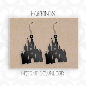 May include: A pair of black castle-shaped earrings with silver hooks. The earrings are on a brown background with the text "EARRINGS" and "INSTANT DOWNLOAD".