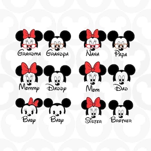 Family Names Bundle, Mickey Minnie Mouse Grandma Grandpa Sister Brother Head Ears Bow, Svg Png Formats, Instant Download, Silhouette, Cricut