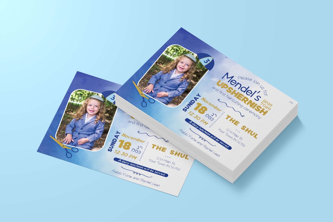 Upsherin Invitation, Personalized Photo Upshernish Invite, Blue and