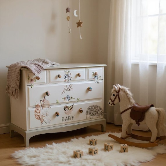 Upcycled Woodland Animal & Floral Dresser - Nursery Furniture With Hello Baby Decals - Etsy Upcycled Woodland Animal & Floral Dresser - Nursery Furniture With Hello Baby Decals - Etsy