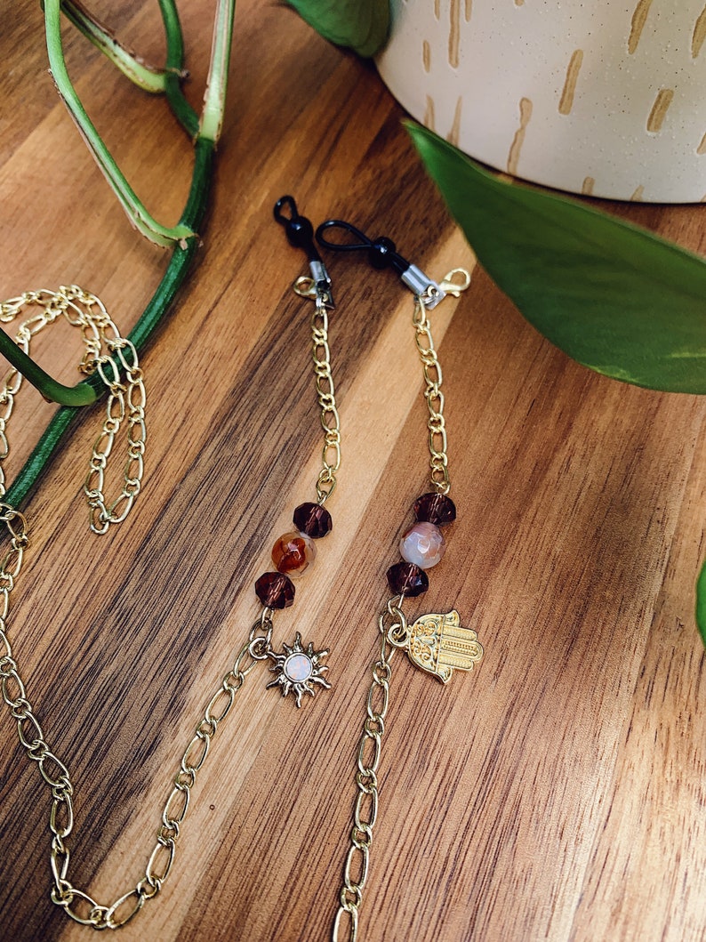 Gold Sun Hamsa Handmade Glasses or Mask Chain with Natural Aga Gold Sun Hamsa Handmade Glasses or Mask Chain with Natural Aga