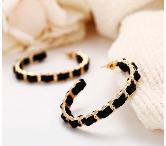 Black Velvet Chain Hoop Earrings 