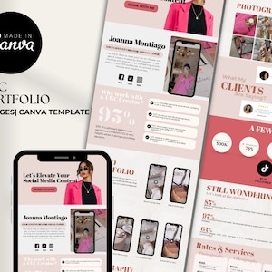 May include: A pink and white digital marketing portfolio template for a UGC creator. The template includes a photo of a woman in a pink blazer, a section about why to work with a UGC creator, and a section about the creator's rates and services.