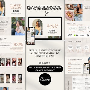 May include: A website mockup for a UGC content creator named Claudia Wilson. The website is designed to be responsive and can be viewed on a computer, mobile phone, or tablet. The website includes information about Claudia's services, client testimonials, and key statistics. The website is fully editable with a free Canva account.
