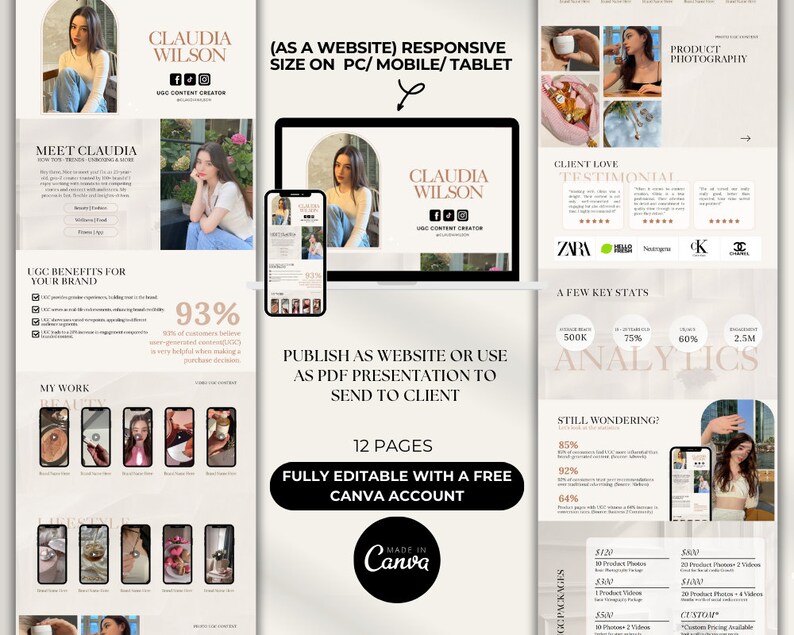 May include: A website mockup for a UGC content creator named Claudia Wilson. The website is designed to be responsive and can be viewed on a computer, mobile phone, or tablet. The website includes information about Claudia's services, client testimonials, and key statistics. The website is fully editable with a free Canva account.
