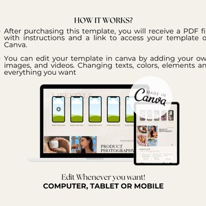May include: A laptop and tablet displaying a Canva template for a lifestyle blog. The template features a variety of images, including product photography, lifestyle shots, and inspirational quotes. The text "MADE IN CANVA" is visible on the tablet screen. The text "Edit Whenever you want! COMPUTER, TABLET OR MOBILE" is visible below the devices.
