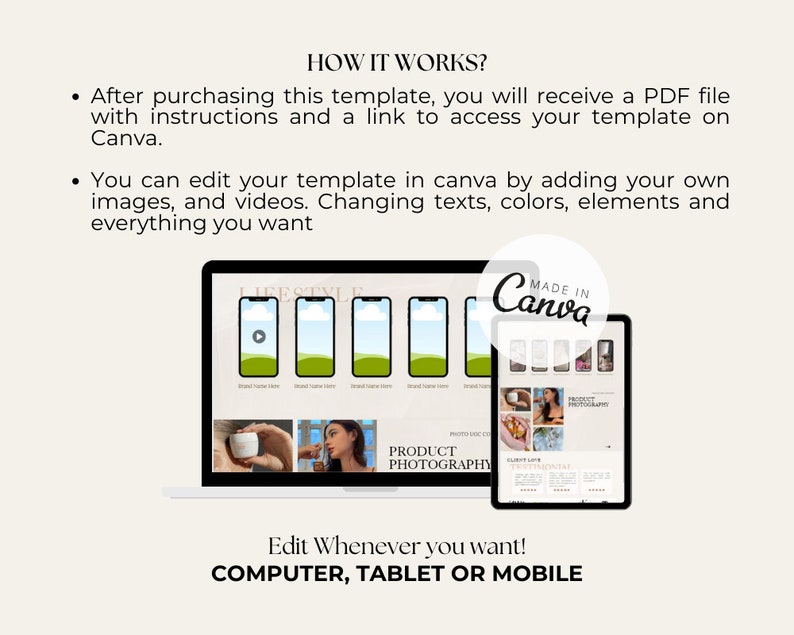 May include: A laptop and tablet displaying a Canva template for a lifestyle blog. The template features a variety of images, including product photography, lifestyle shots, and inspirational quotes. The text "MADE IN CANVA" is visible on the tablet screen. The text "Edit Whenever you want! COMPUTER, TABLET OR MOBILE" is visible below the devices.