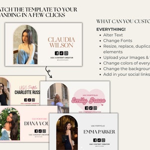 May include: Five different social media templates with a pink and brown color scheme. Each template features a photo of a woman, her name, the text "UGC Portfolio", and social media icons. The text "Match the template to your branding in a few clicks" is at the top of the image. The text "What can you customize? Everything!" is at the top right of the image. The text below "Everything!" lists the customizable features of the templates.