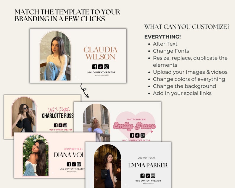 May include: Five different social media templates with a pink and brown color scheme. Each template features a photo of a woman, her name, the text "UGC Portfolio", and social media icons. The text "Match the template to your branding in a few clicks" is at the top of the image. The text "What can you customize? Everything!" is at the top right of the image. The text below "Everything!" lists the customizable features of the templates.