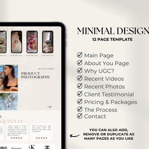 May include: A website template for a business that creates user-generated content (UGC) for brands. The template includes pages for the main website, about the business, why UGC is important, recent videos, recent photos, client testimonials, pricing and packages, the process, and contact information. The template is designed with a minimal aesthetic and is easy to customize.