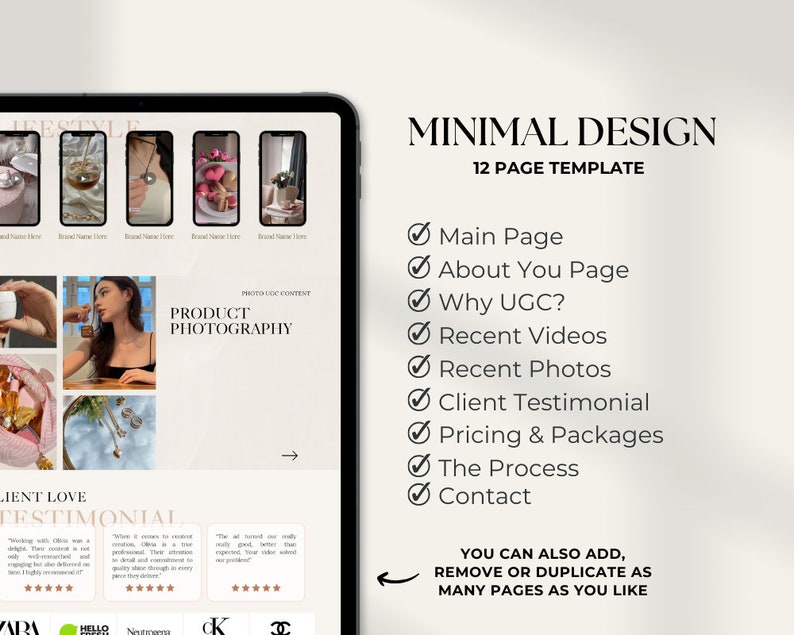 May include: A website template for a business that creates user-generated content (UGC) for brands. The template includes pages for the main website, about the business, why UGC is important, recent videos, recent photos, client testimonials, pricing and packages, the process, and contact information. The template is designed with a minimal aesthetic and is easy to customize.