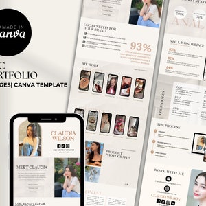 May include: A digital portfolio template for user-generated content (UGC) creators. The template features a beige background with a black and white logo that says "Made in Canva". The template includes a section for showcasing the creator's work, a section for testimonials, and a section for contact information. The template also includes a section for pricing and packages.
