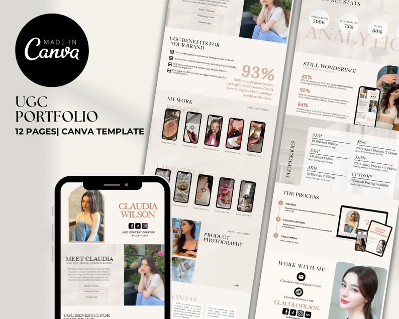 May include: A digital portfolio template for user-generated content (UGC) creators. The template features a beige background with a black and white logo that says "Made in Canva". The template includes a section for showcasing the creator's work, a section for testimonials, and a section for contact information. The template also includes a section for pricing and packages.