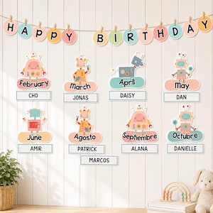 Robot Birthday Board Classroom Decor | Editable Bulletin Display Kit | Bilingual - English & Spanish