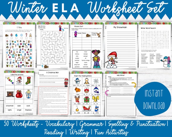 winter worksheets set ela or esl no prep ready to go etsy