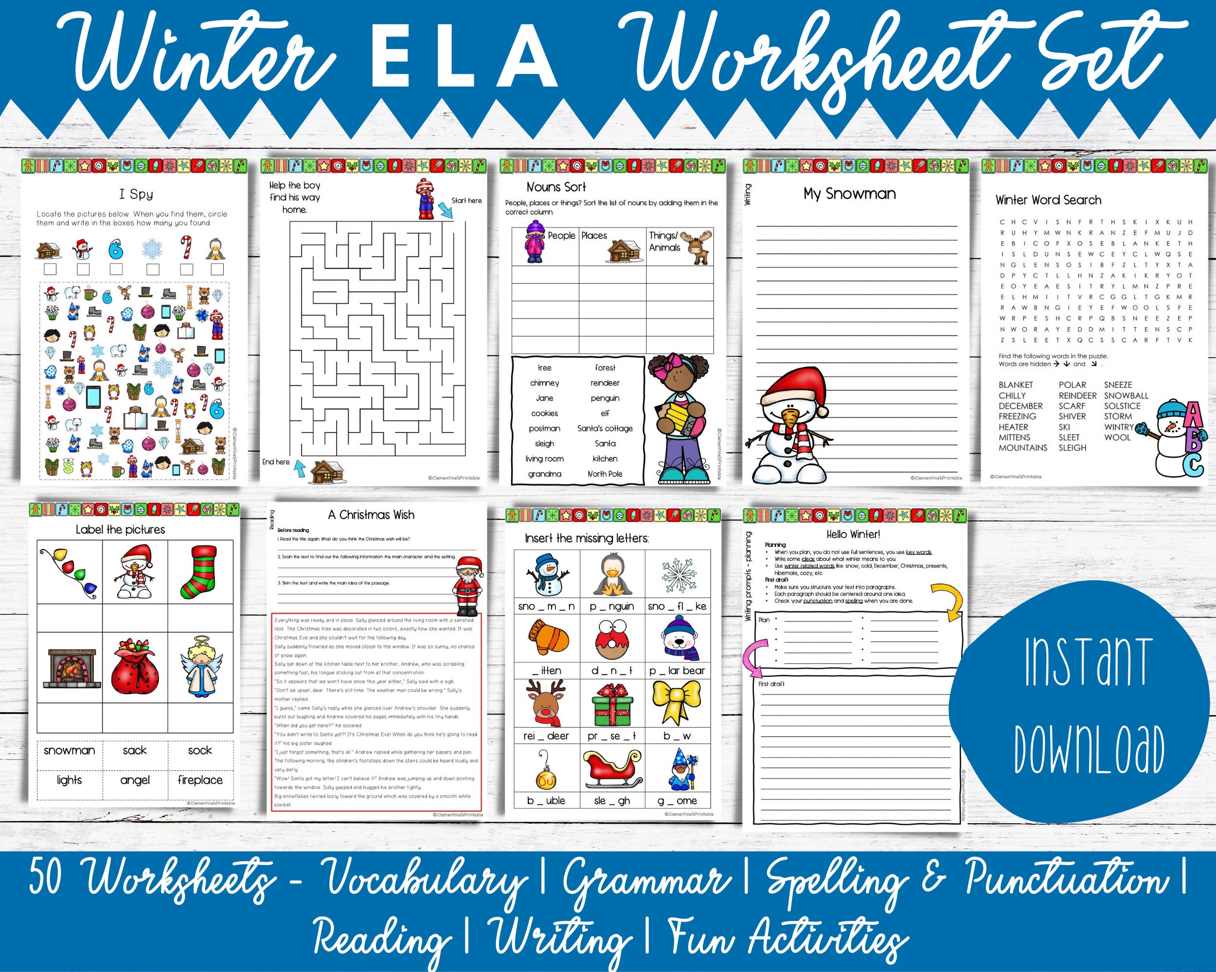 winter worksheets set ela or esl no prep ready to go etsy