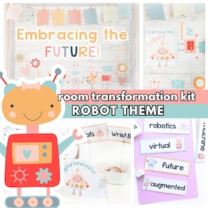 May include: A colorful robot-themed room transformation kit. The kit includes posters, banners, and word cards with the phrases "Embracing the Future" and "Robot Theme". The design features cartoon robots in various colors, with the words "robotics", "virtual", "future", and "augmented".