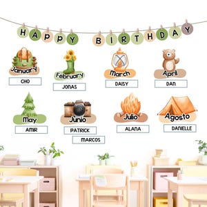 Présentoir d'anniversaire de camping, tableau d'affichage d'anniversaire modifiable et décoration de salle de classe, graphiques d'anniversaire en anglais et en espagnol