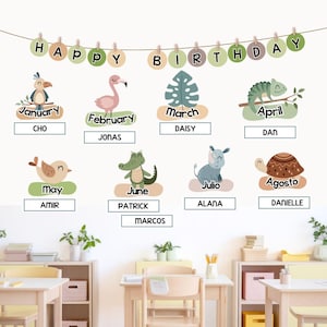 Exibição de aniversário de safári na selva, quadro de avisos de aniversário editável e decoração de sala de aula, gráficos de aniversário em inglês e espanhol