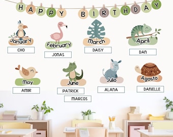 Jungle Safari Birthday Display, Editable Birthday Bulletin Board & Classroom Decor, English + Spanish Bday Charts