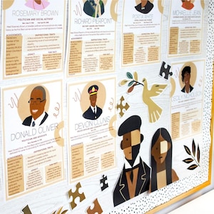 May include: A bulletin board with colorful posters featuring portraits of notable Black Canadians. Each poster includes the person's name, title, and a brief biography. The posters are decorated with illustrations of birds, leaves, and puzzle pieces.