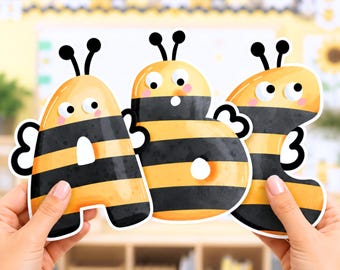 Bee Themed Bulletin Board Letters | Alphabet & Numbers Classroom Door Decor Editable in PowerPoint Canva
