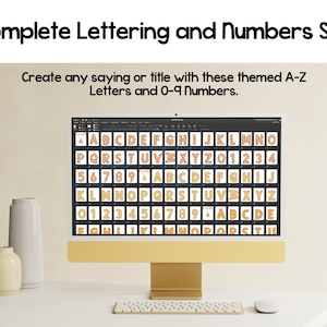 Könnte beinhalten: Ein Computerbildschirm zeigt ein komplettes Buchstaben- und Zahlen-Set, einschließlich Alphabet und Zahlen 0-9. Der Text "Complete Lettering and Numbers Set" und "Create any saying or title with these themed A-Z Letters and 0-9 Numbers" sind sichtbar.