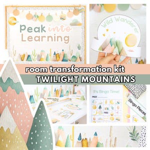 May include: A classroom decor kit with a mountain theme. The kit includes a bulletin board border, a banner, a crown, affirmation cards, bingo cards, and bingo pieces. The colors are green, blue, yellow, and pink.