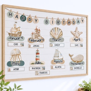 Ocean Birthday Board Classroom Decor | Coastal Theme Chart Display, Editable Bilingual - English & Spanish