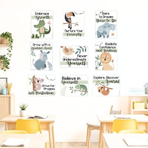 Pósteres de mentalidad de crecimiento de safari en la jungla: notas motivacionales, decoración socioemocional, tablones de anuncios y decoración para el aula.