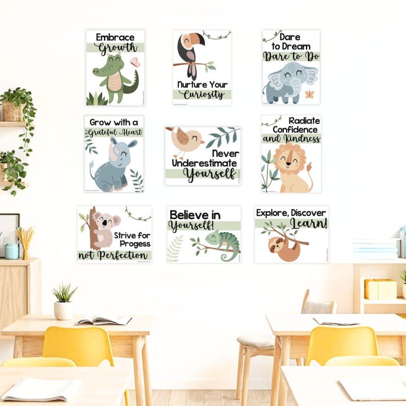 May include: Nine colourful posters with jungle animal illustrations and motivational messages. The posters feature a toucan, a sloth, a crocodile, a rhino, a lion, a chameleon, a koala, and an elephant. The messages include "Embrace Growth", "Nurture Your Curiosity", "Dare to Dream Dare to Do", "Grow with a Grateful Heart", "Never Underestimate Yourself", "Radiate Confidence and Kindness", "Strive for Progress not Perfection", "Believe in Yourself!" and "Explore, Discover Learn!"