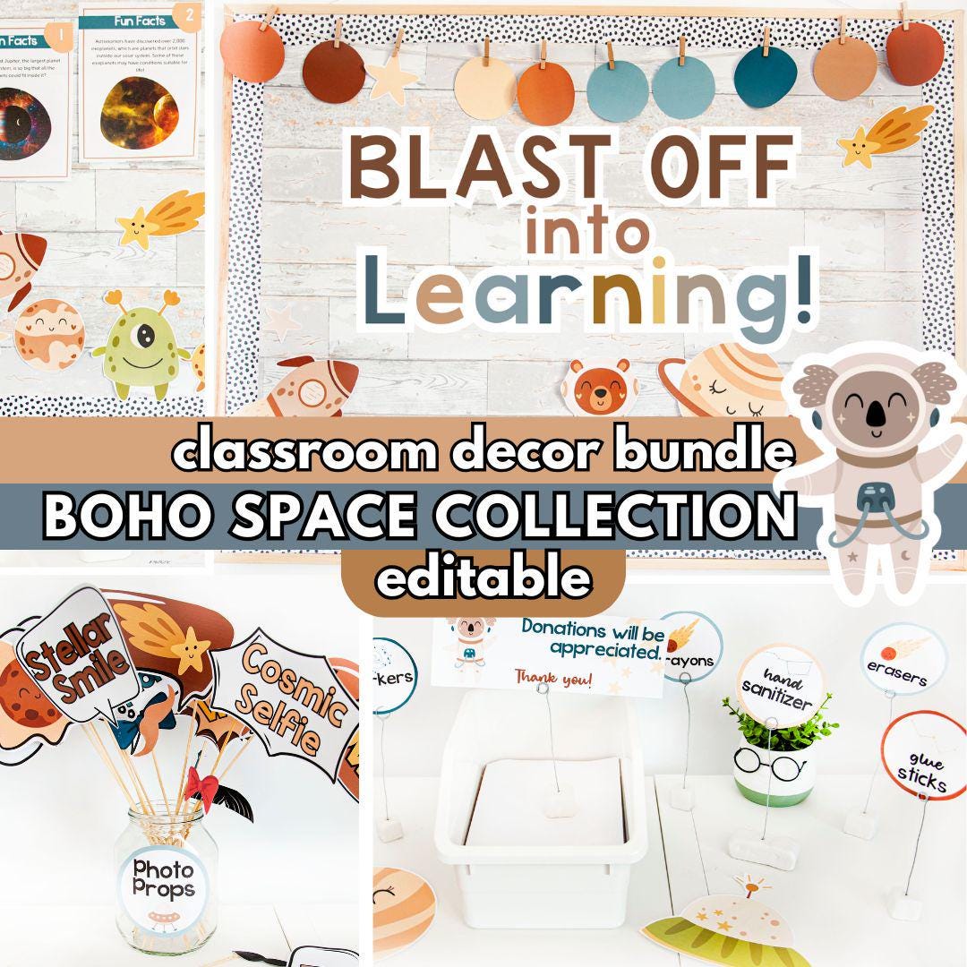 Boho Space Classroom Decor Bundle: Editable Bulletin Boards, Teacher ...