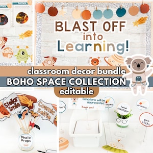 Boho Space Editable Classroom Decor Bundle, Bulletin Board Ideas, Back to School Meet the Teacher Kits, Newsletters, Daily Slides Theme Pack