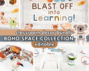 Boho Space Editable Classroom Decor Bundle, Bulletin Board Ideas, Back to School Meet the Teacher Kits, Newsletters, Daily Slides Theme Pack