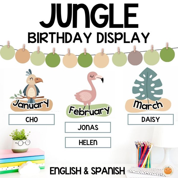 Birthday Display - Jungle Safari Themed, Editable Birthday Bulletin Board & Classroom Decor, English + Spanish Versions