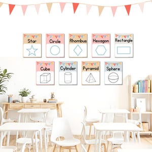 Cartazes de formas 2D e 3D com tema de circo para quadros de avisos e decoração de sala de aula de volta às aulas - Matemática e geometria