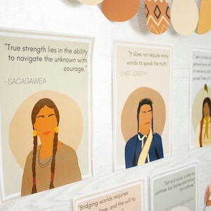 May include: A collection of art prints featuring illustrations of Native American figures and inspirational quotes. The prints have a minimalist style with soft color palettes and text. The quotes include: "True strength lies in the ability to navigate the unknown with courage."