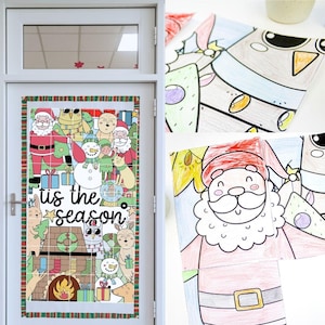 May include: A large rectangular poster featuring a grid of colorful Christmas-themed illustrations including Santa Claus, a snowman, an owl, and a reindeer, with the text 'tis the season' in the center, displayed on a white door with a striped border.