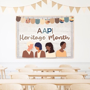 Könnte beinhalten: AAPI Heritage Month-Pinnwand mit weißem Hintergrund und schwarzem Polka-Dot-Rand. Die Tafel zeigt den Text "AAPI Heritage Month" und Illustrationen verschiedener Personen. Ein Banner mit kleinen Flaggen hängt über der Tafel.