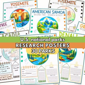 May include: A collection of U.S. national parks research posters featuring colorful illustrations of landscapes like Yosemite and American Samoa. Each page includes sections for state, size, year established, biome, wildlife, and interesting facts.
