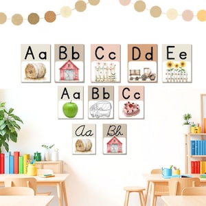 Pósteres del alfabeto con temática de granja para decorar el aula y el tablón de anuncios, pósteres de letras imprimibles