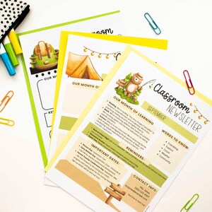 Plantillas editables para boletines informativos para el aula: con temática de camping, noticias semanales y mensuales para el aula, boletín informativo de 12 meses