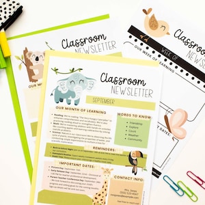 Modelos de boletim informativo editáveis para sala de aula Jungle Safari, notícias semanais e mensais para sala de aula, boletim informativo de 12 meses