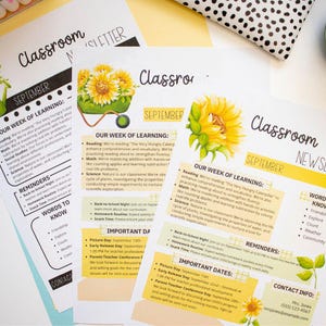 Modelos de boletim informativo editáveis para sala de aula Sunflowers, notícias semanais e mensais para sala de aula, boletim informativo de 12 meses