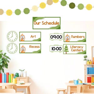 Ensemble d'affichage pour les horaires de la classe - camping, décoration de salle de classe imprimable, rentrée des classes, horaire visuel à téléchargement immédiat