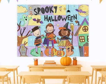Halloween Collaborative Coloring Poster, October Art Project for Photo Op Mural & Classroom Decor