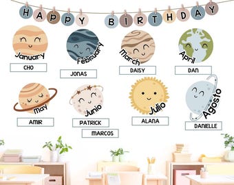 Boho-Space Birthday Display, Editable Bulletin Board & Classroom Decor, English + Spanish Bday Charts
