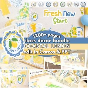 Peut inclure: Un ensemble de décoration de classe sur le thème du citron côtier. L'image présente divers supports pédagogiques, notamment des cartes de mots, des cartes d'affirmation et des éléments décoratifs avec des accents de citron et de bleu. Le texte comprend "Fresh New Start".