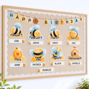 Décoration de salle de classe avec tableau d'anniversaire d'abeille | Affichage bilingue anglais espagnol | Tableau d'affichage des bourdons