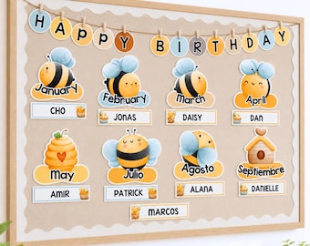 Dekoracja sali urodzinowej „Bee Birthday Board” | Dwujęzyczny wyświetlacz w języku angielskim i hiszpańskim | Tabela ogłoszeń Bumblebee